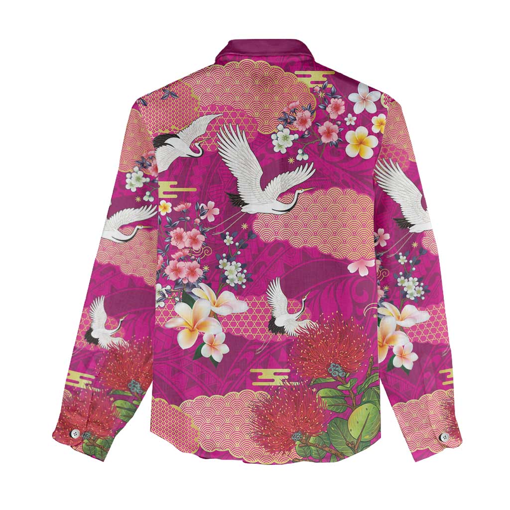 Hawaiian and Japanese Culture Together Women Casual Shirt Pink Ohia Lehua Plumeria and Sakura Blooming - Polynesian Pride