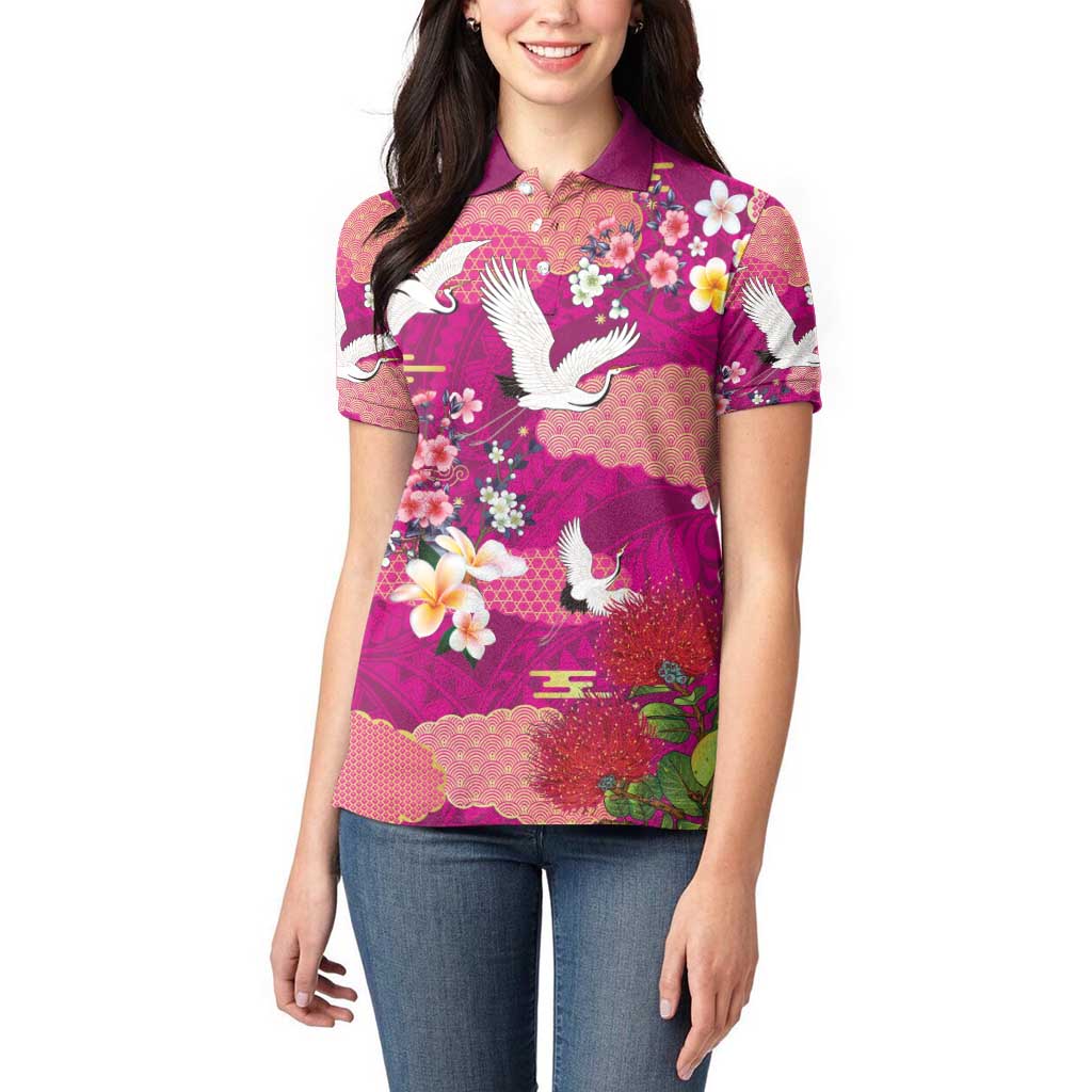 Hawaiian and Japanese Culture Together Women Polo Shirt Pink Ohia Lehua Plumeria and Sakura Blooming - Polynesian Pride