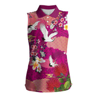 Hawaiian and Japanese Culture Together Women Sleeveless Polo Shirt Pink Ohia Lehua Plumeria and Sakura Blooming - Polynesian Pride