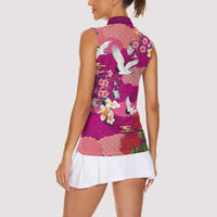Hawaiian and Japanese Culture Together Women Sleeveless Polo Shirt Pink Ohia Lehua Plumeria and Sakura Blooming - Polynesian Pride