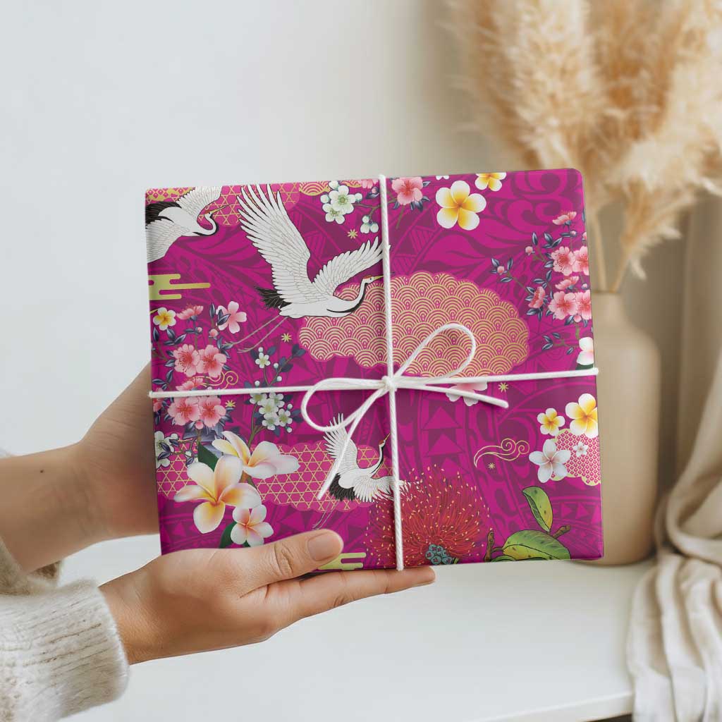 Hawaiian and Japanese Culture Together Wrapping Paper Pink Ohia Lehua Plumeria and Sakura Blooming - Polynesian Pride