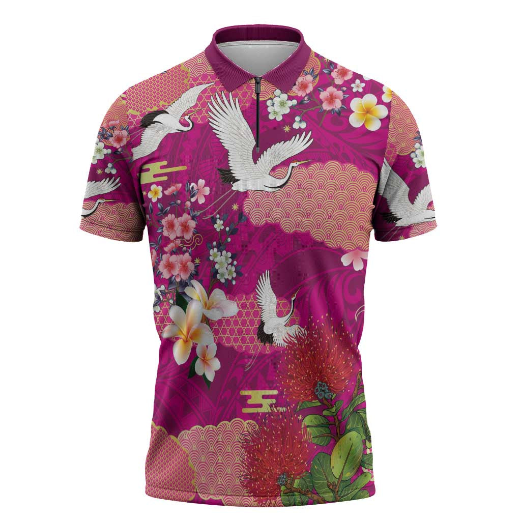Hawaiian and Japanese Culture Together Zipper Polo Shirt Pink Ohia Lehua Plumeria and Sakura Blooming - Polynesian Pride