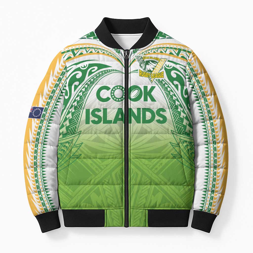 Custom Cook Islands Rugby League Bomber Puffer Jacket Tatau Tribal Motifs-Light Green Color LT03 Unisex Green - Polynesian Pride