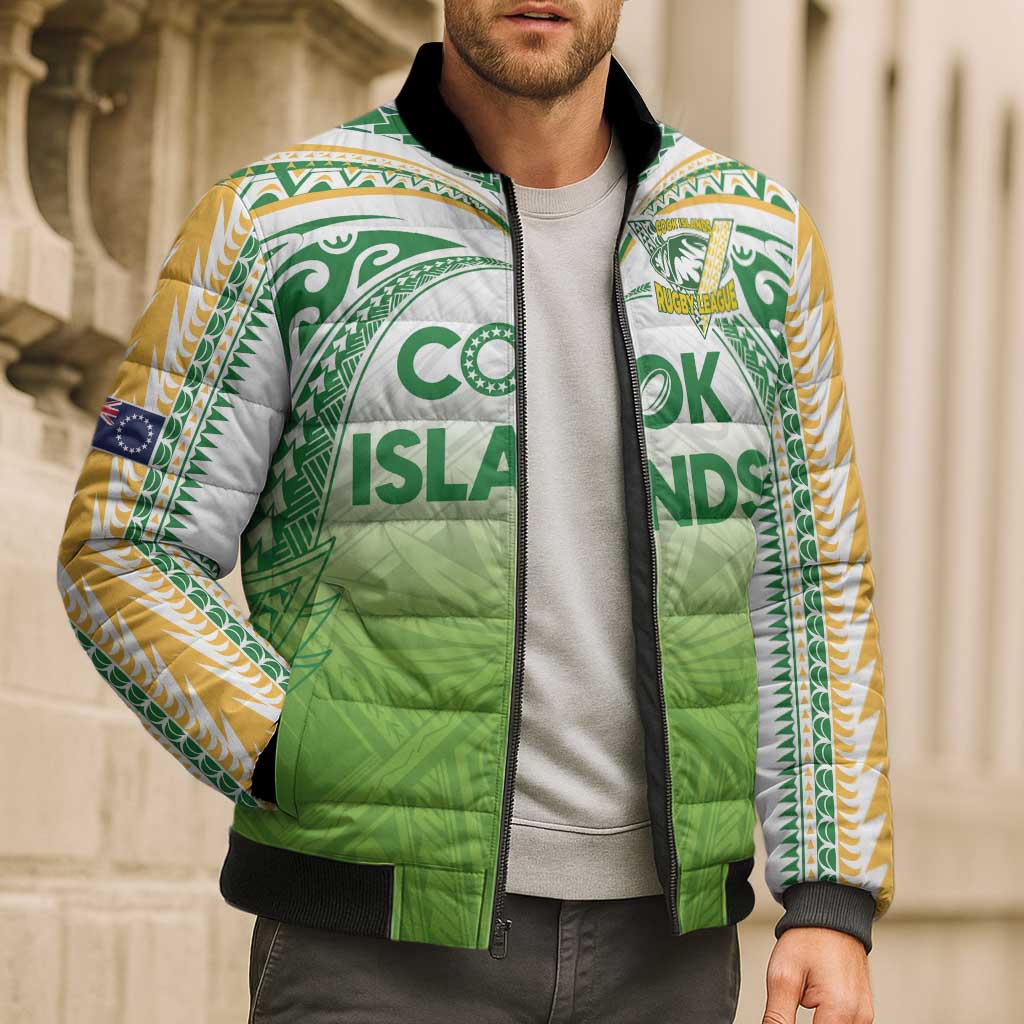 Custom Cook Islands Rugby League Bomber Puffer Jacket Tatau Tribal Motifs-Light Green Color LT03 - Polynesian Pride