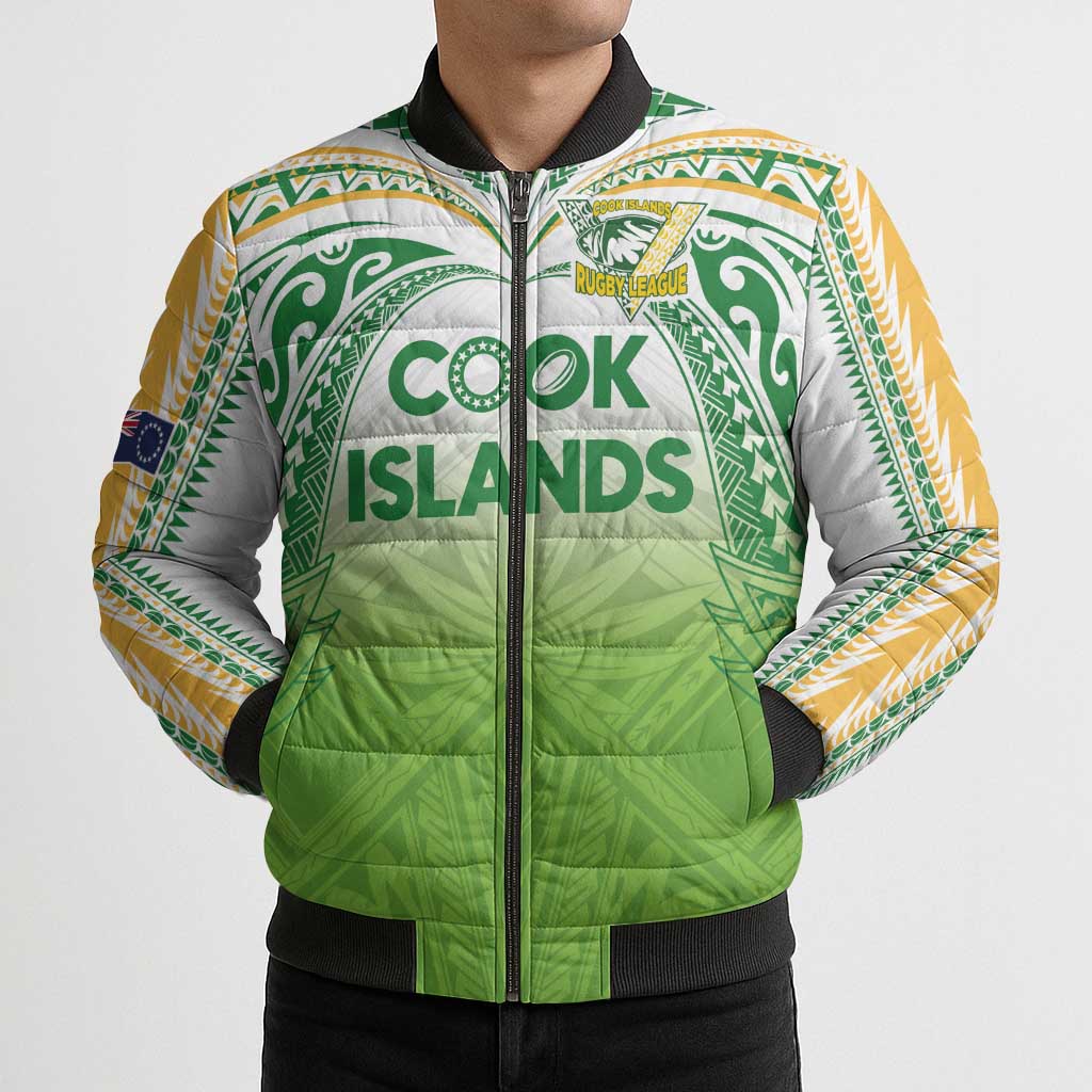 Custom Cook Islands Rugby League Bomber Puffer Jacket Tatau Tribal Motifs-Light Green Color LT03 - Polynesian Pride