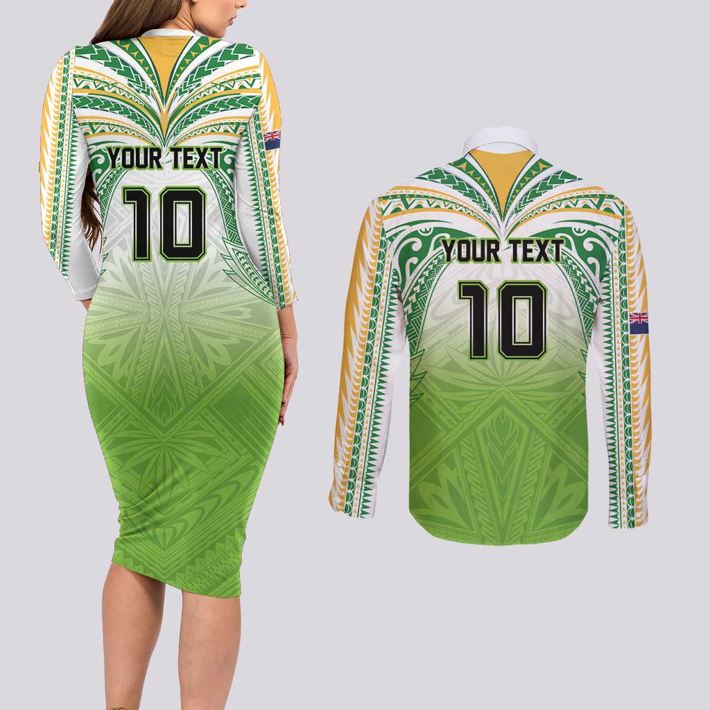 Custom Cook Islands Rugby League Couples Matching Long Sleeve Bodycon Dress and Long Sleeve Button Shirt Tatau Tribal Motifs-Light Green Color LT03 - Polynesian Pride