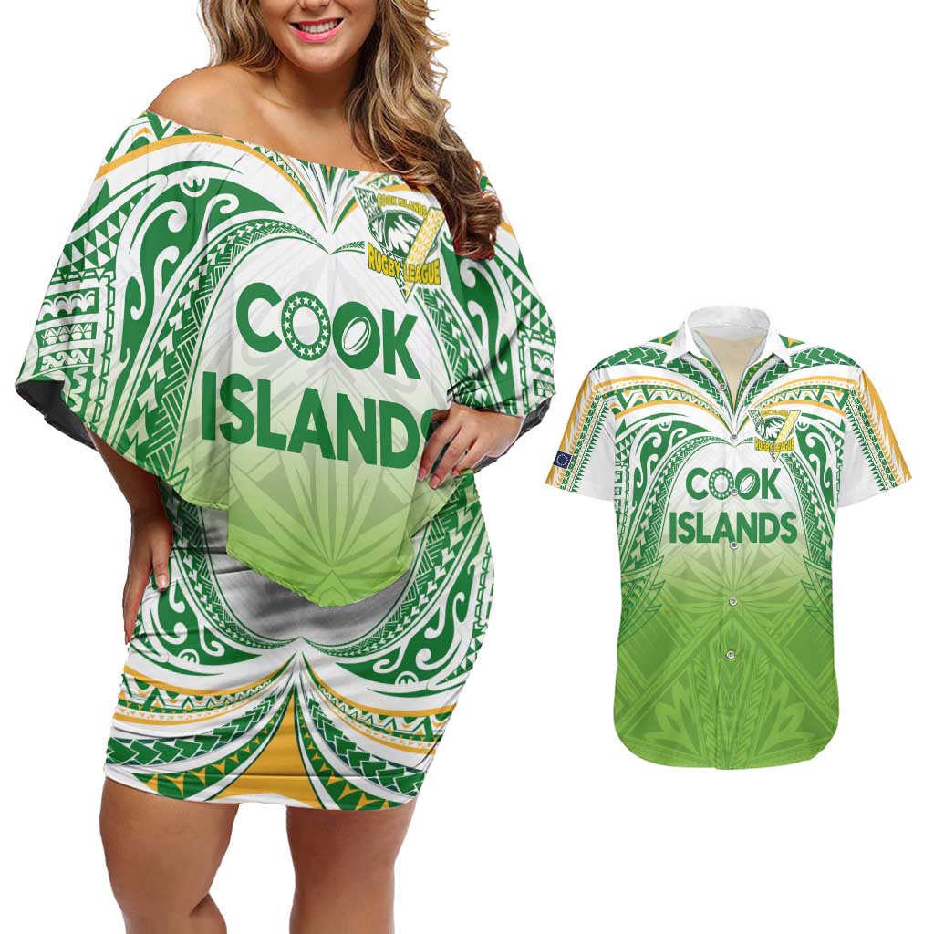 Custom Cook Islands Rugby League Couples Matching Off Shoulder Short Dress and Hawaiian Shirt Tatau Tribal Motifs-Light Green Color - Polynesian Pride
