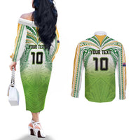 Custom Cook Islands Rugby League Couples Matching Off The Shoulder Long Sleeve Dress and Long Sleeve Button Shirt Tatau Tribal Motifs-Light Green Color LT03 - Polynesian Pride
