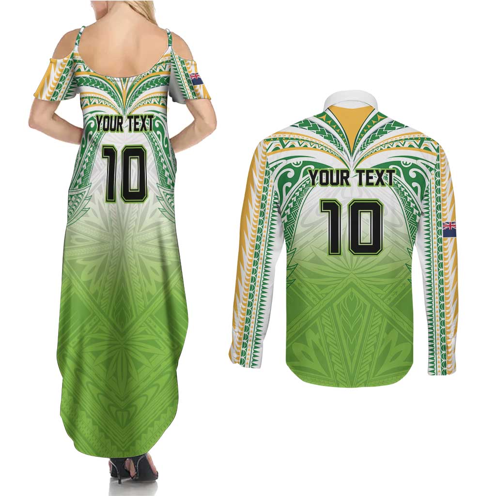 Custom Cook Islands Rugby League Couples Matching Summer Maxi Dress and Long Sleeve Button Shirt Tatau Tribal Motifs-Light Green Color - Polynesian Pride
