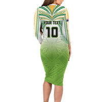 Custom Cook Islands Rugby League Family Matching Long Sleeve Bodycon Dress and Hawaiian Shirt Tatau Tribal Motifs-Light Green Color - Polynesian Pride