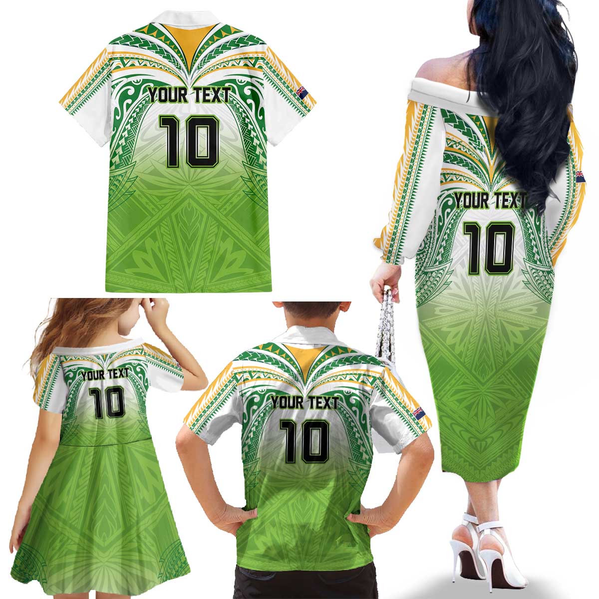 Custom Cook Islands Rugby League Family Matching Off The Shoulder Long Sleeve Dress and Hawaiian Shirt Tatau Tribal Motifs-Light Green Color - Polynesian Pride