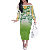 Custom Cook Islands Rugby League Family Matching Off The Shoulder Long Sleeve Dress and Hawaiian Shirt Tatau Tribal Motifs-Light Green Color - Polynesian Pride