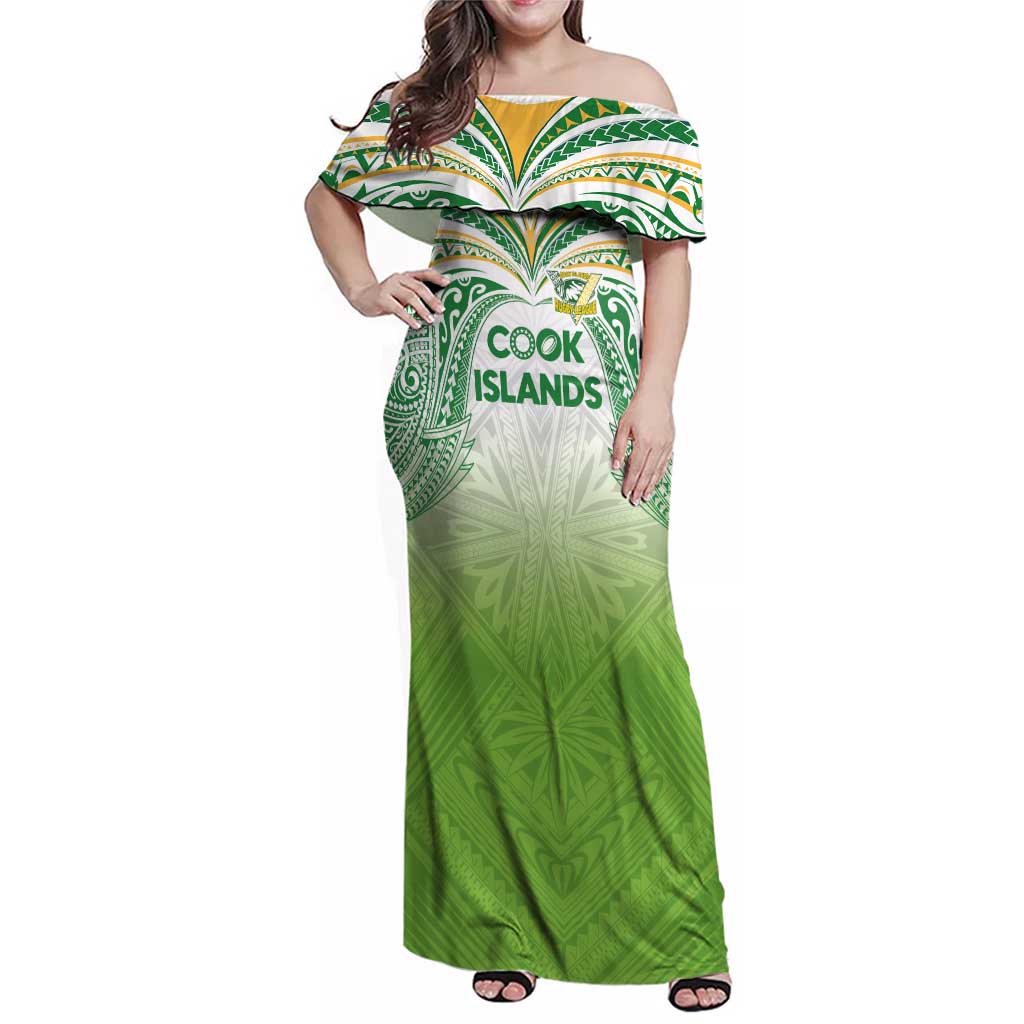 Custom Cook Islands Rugby League Family Matching Off Shoulder Maxi Dress and Hawaiian Shirt Tatau Tribal Motifs-Light Green Color - Polynesian Pride