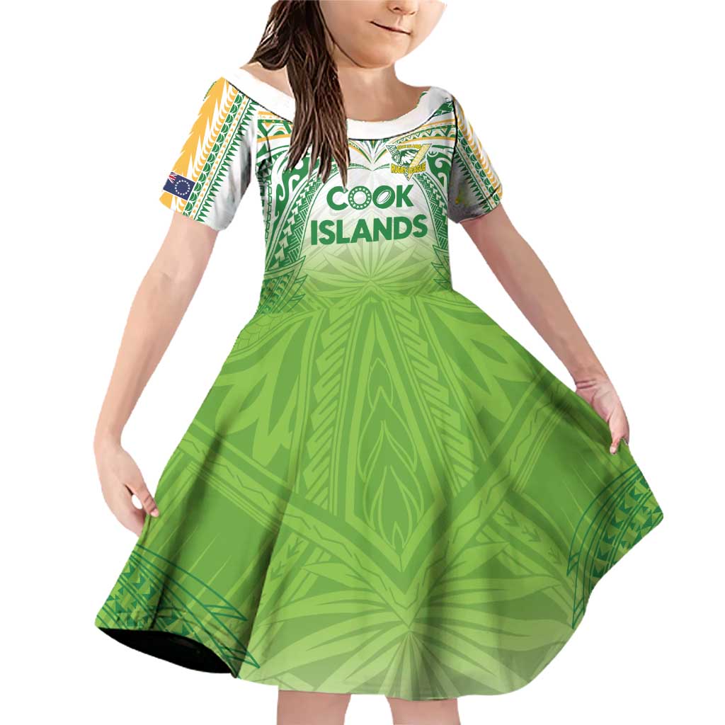 Custom Cook Islands Rugby League Family Matching Off Shoulder Short Dress and Hawaiian Shirt Tatau Tribal Motifs-Light Green Color - Polynesian Pride