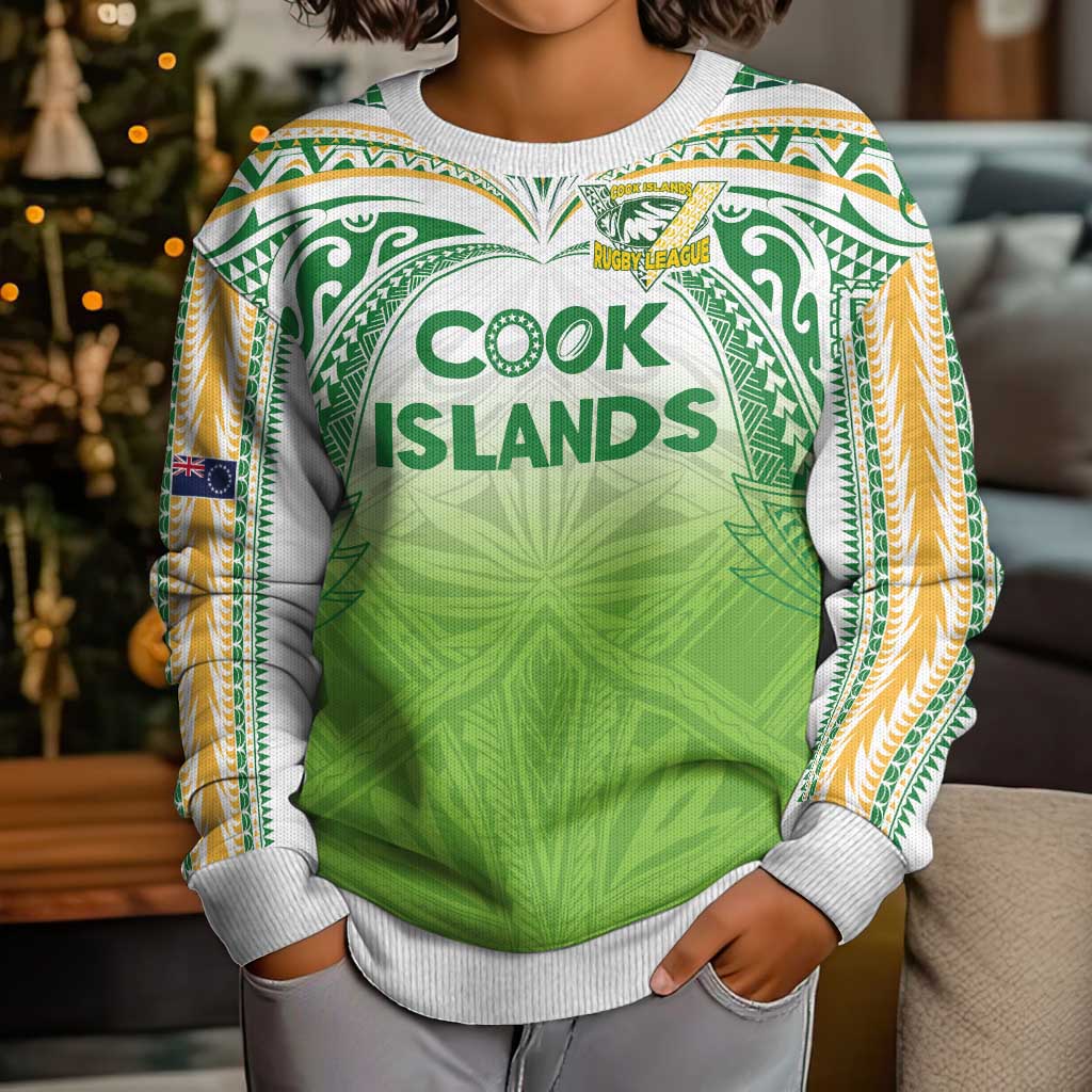 Custom Cook Islands Rugby League Kid Ugly Christmas Sweater Tatau Tribal Motifs-Light Green Color LT03 - Polynesian Pride