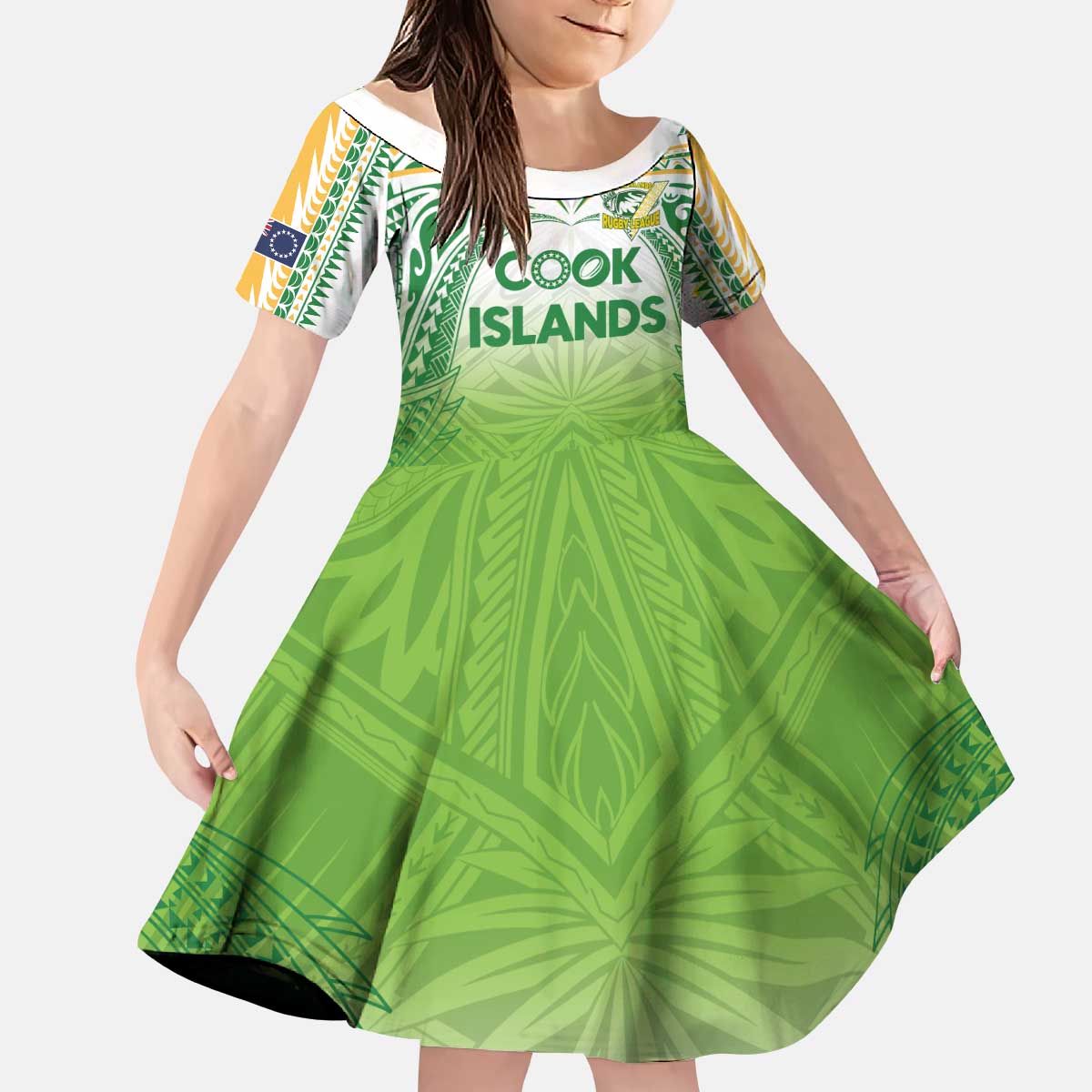 Custom Cook Islands Rugby League Kid Short Sleeve Dress Tatau Tribal Motifs-Light Green Color - Polynesian Pride