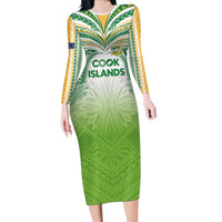 Custom Cook Islands Rugby League Long Sleeve Bodycon Dress Tatau Tribal Motifs-Light Green Color LT03 Long Dress Green - Polynesian Pride