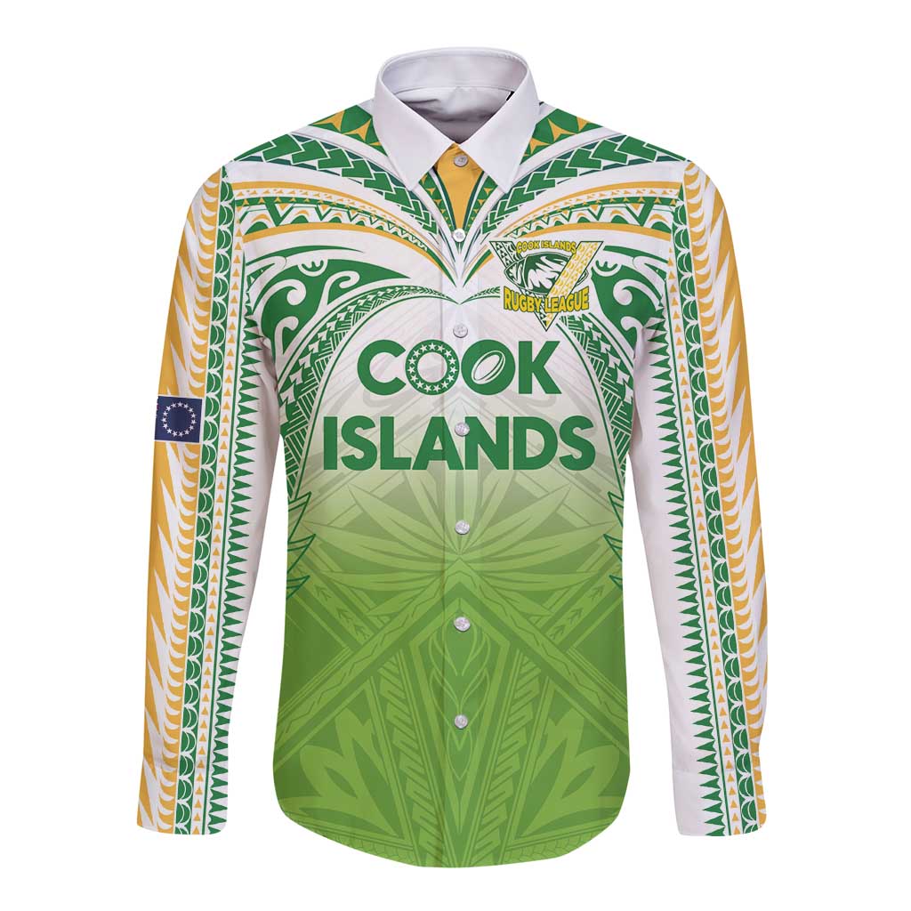 Custom Cook Islands Rugby League Long Sleeve Button Shirt Tatau Tribal Motifs-Light Green Color LT03 Unisex Green - Polynesian Pride