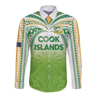 Custom Cook Islands Rugby League Long Sleeve Button Shirt Tatau Tribal Motifs-Light Green Color LT03 Unisex Green - Polynesian Pride