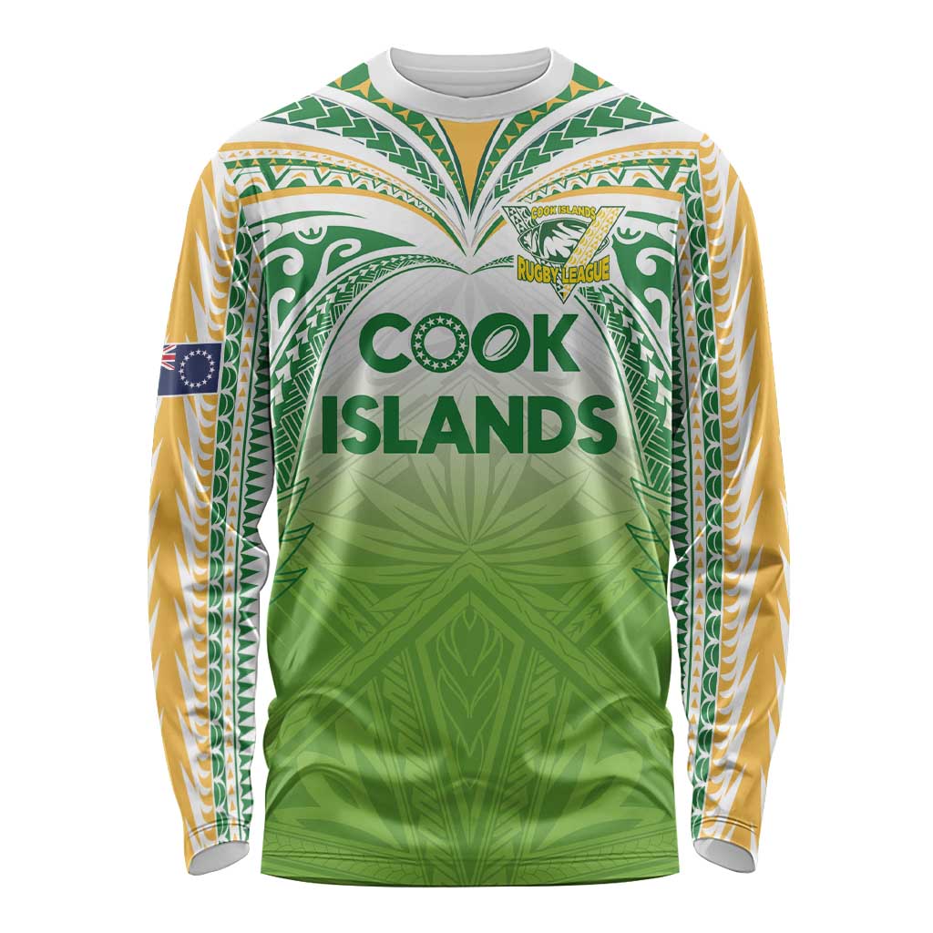 Custom Cook Islands Rugby League Long Sleeve Shirt Tatau Tribal Motifs-Light Green Color LT03 Unisex Green - Polynesian Pride