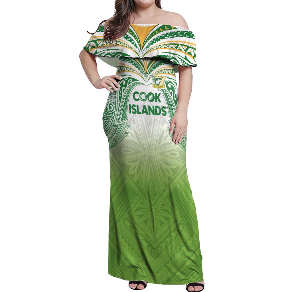 Custom Cook Islands Rugby League Off Shoulder Maxi Dress Tatau Tribal Motifs-Light Green Color LT03 Women Green - Polynesian Pride