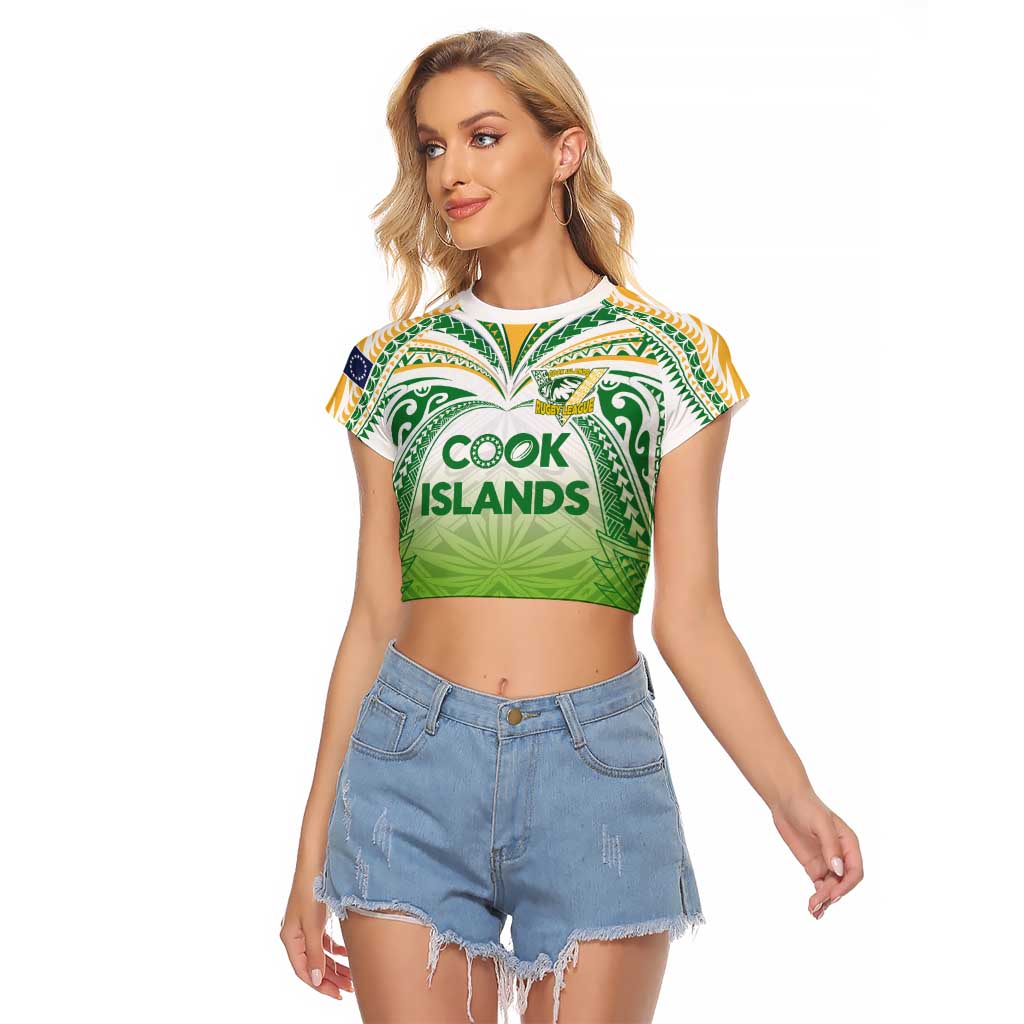 Custom Cook Islands Rugby League Raglan Cropped T Shirt Tatau Tribal Motifs-Light Green Color LT03 Female Green - Polynesian Pride