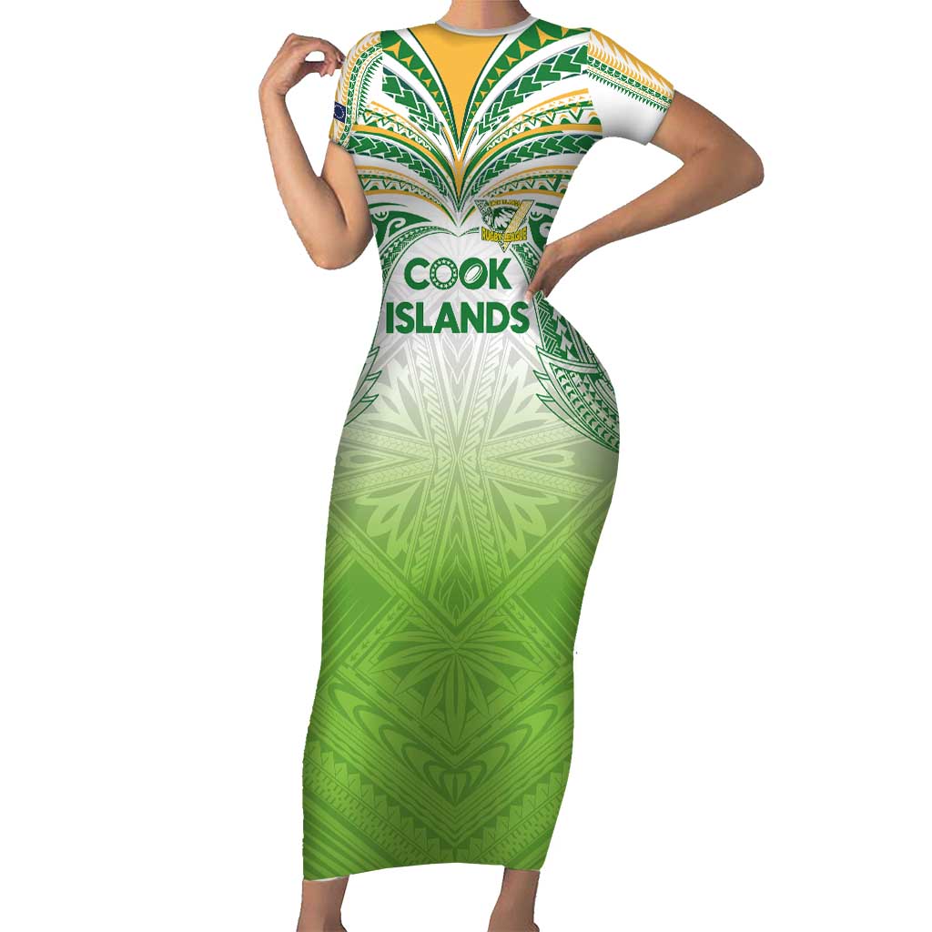 Custom Cook Islands Rugby League Short Sleeve Bodycon Dress Tatau Tribal Motifs-Light Green Color - Polynesian Pride