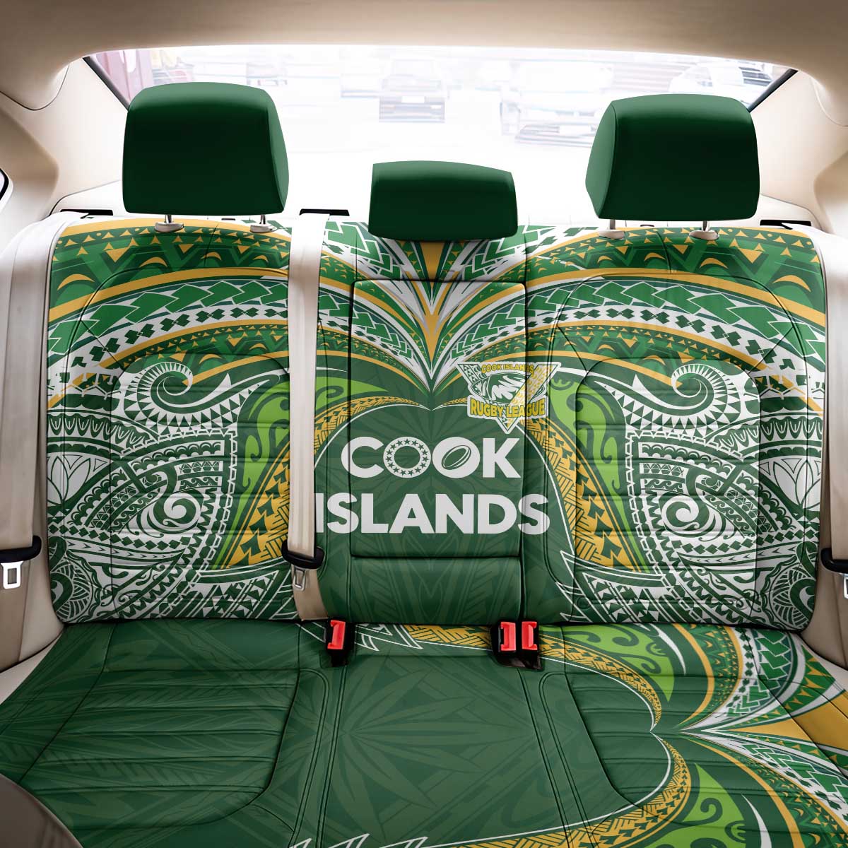 Cook Islands Rugby League Back Car Seat Cover Tatau Tribal Motifs-Dark Green Color - Polynesian Pride