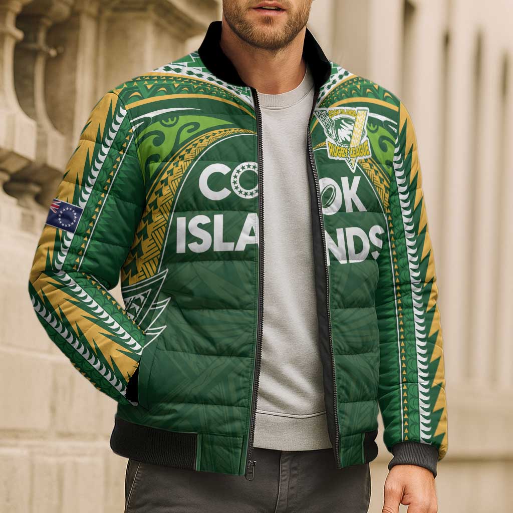 Custom Cook Islands Rugby League Bomber Puffer Jacket Tatau Tribal Motifs-Dark Green Color LT03 - Polynesian Pride
