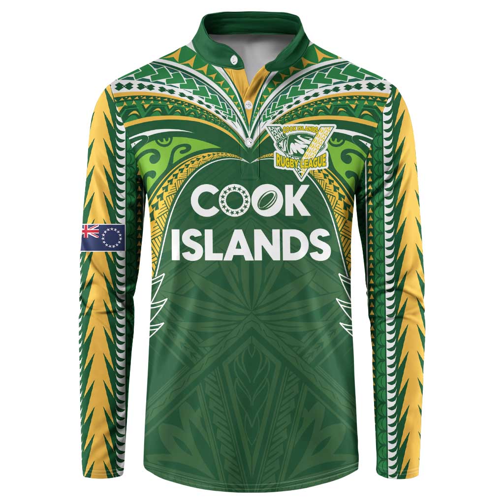 Custom Cook Islands Rugby League Button Sweatshirt Tatau Tribal Motifs-Dark Green Color LT03 Green - Polynesian Pride