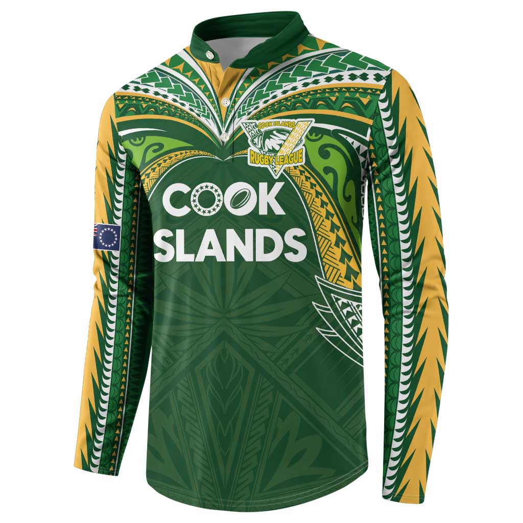 Custom Cook Islands Rugby League Button Sweatshirt Tatau Tribal Motifs-Dark Green Color LT03 - Polynesian Pride