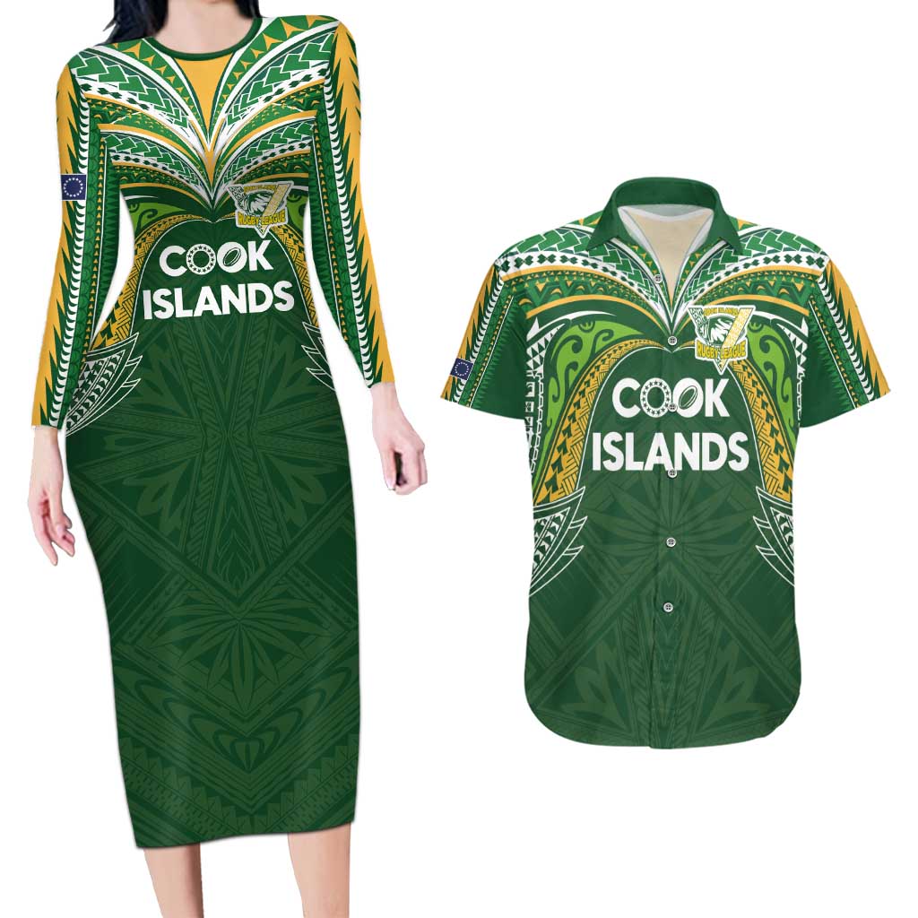 Custom Cook Islands Rugby League Couples Matching Long Sleeve Bodycon Dress and Hawaiian Shirt Tatau Tribal Motifs-Dark Green Color - Polynesian Pride