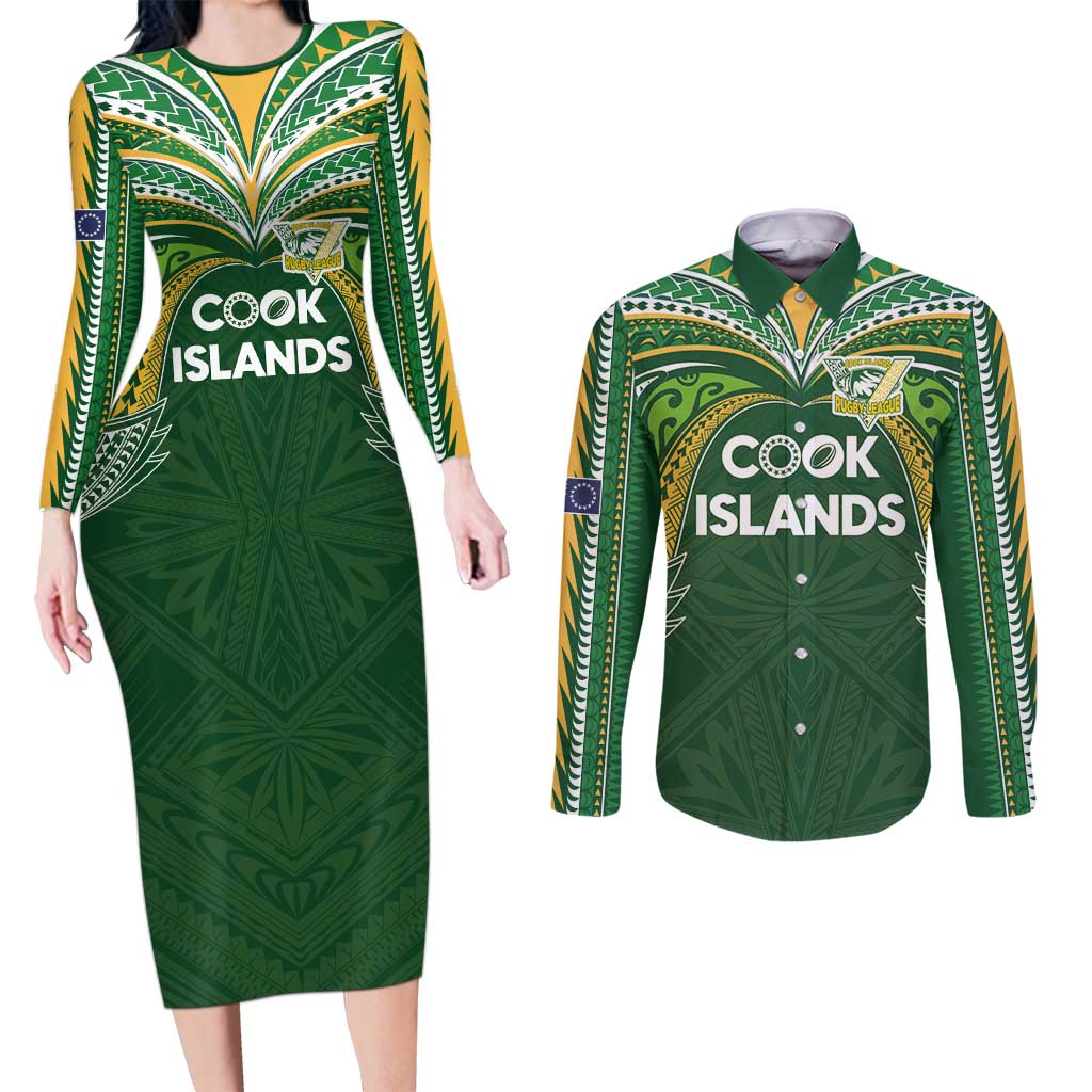 Custom Cook Islands Rugby League Couples Matching Long Sleeve Bodycon Dress and Long Sleeve Button Shirt Tatau Tribal Motifs-Dark Green Color LT03 Green - Polynesian Pride