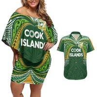 Custom Cook Islands Rugby League Couples Matching Off Shoulder Short Dress and Hawaiian Shirt Tatau Tribal Motifs-Dark Green Color - Polynesian Pride