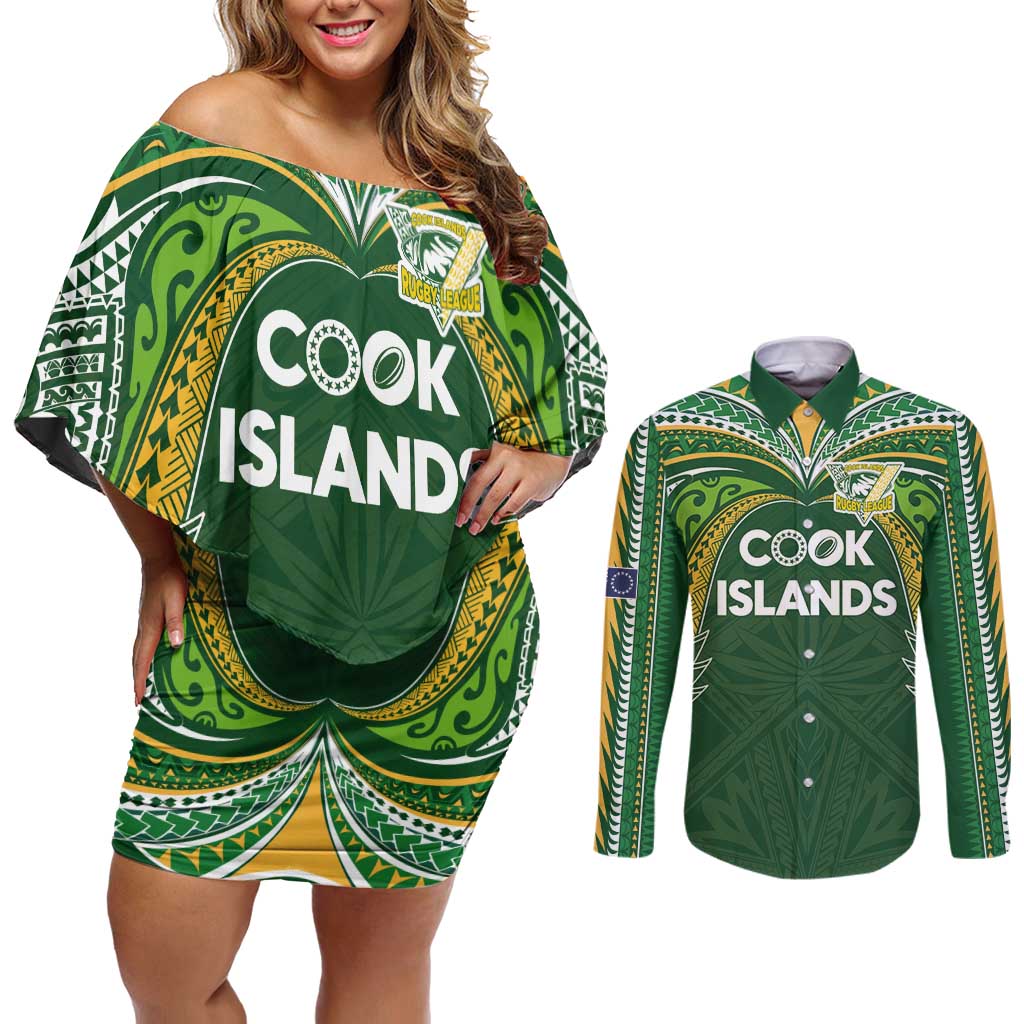 Custom Cook Islands Rugby League Couples Matching Off Shoulder Short Dress and Long Sleeve Button Shirt Tatau Tribal Motifs-Dark Green Color LT03 Green - Polynesian Pride