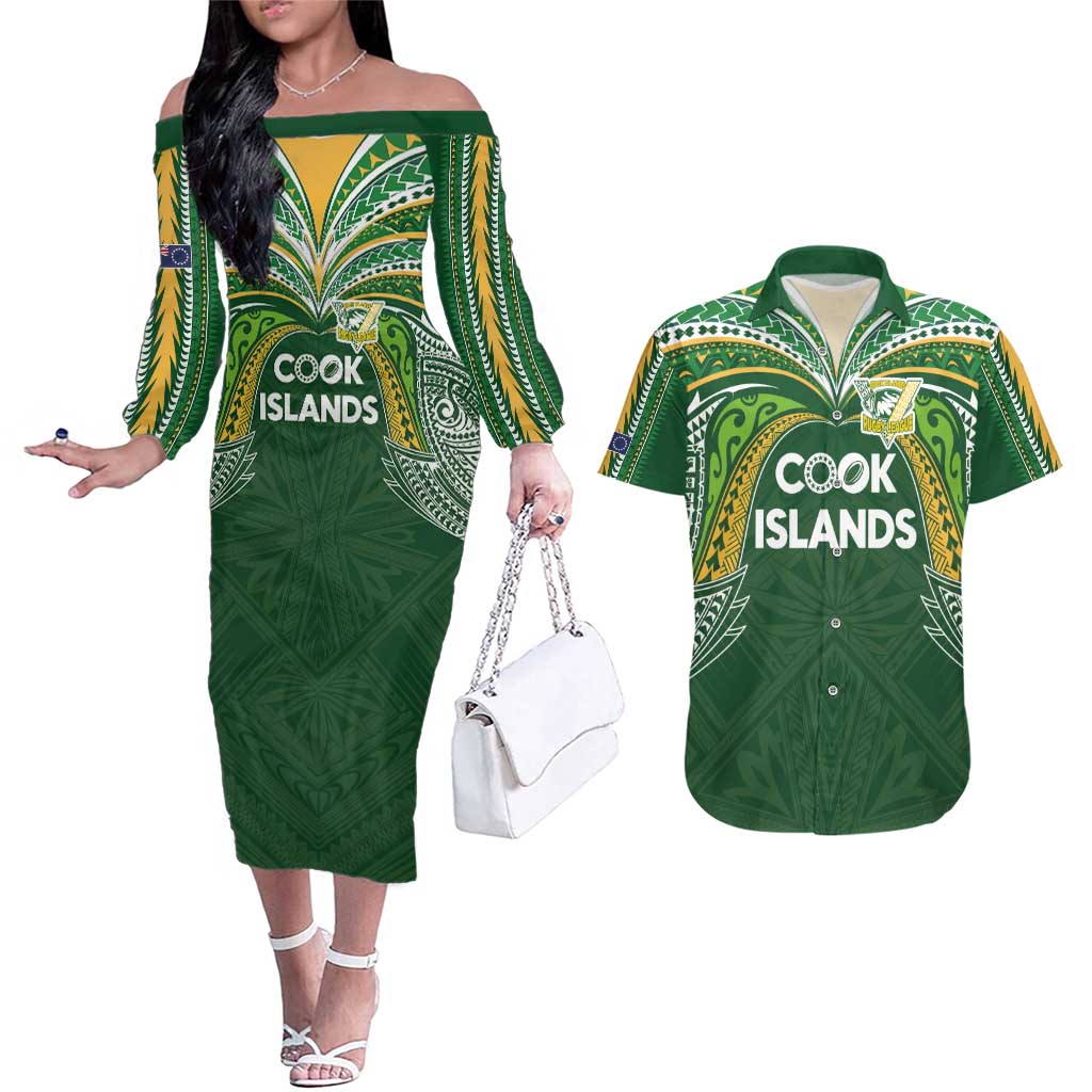 Custom Cook Islands Rugby League Couples Matching Off The Shoulder Long Sleeve Dress and Hawaiian Shirt Tatau Tribal Motifs-Dark Green Color - Polynesian Pride
