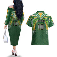 Custom Cook Islands Rugby League Couples Matching Off The Shoulder Long Sleeve Dress and Hawaiian Shirt Tatau Tribal Motifs-Dark Green Color - Polynesian Pride