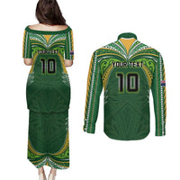 Custom Cook Islands Rugby League Couples Matching Puletasi and Long Sleeve Button Shirt Tatau Tribal Motifs-Dark Green Color - Polynesian Pride