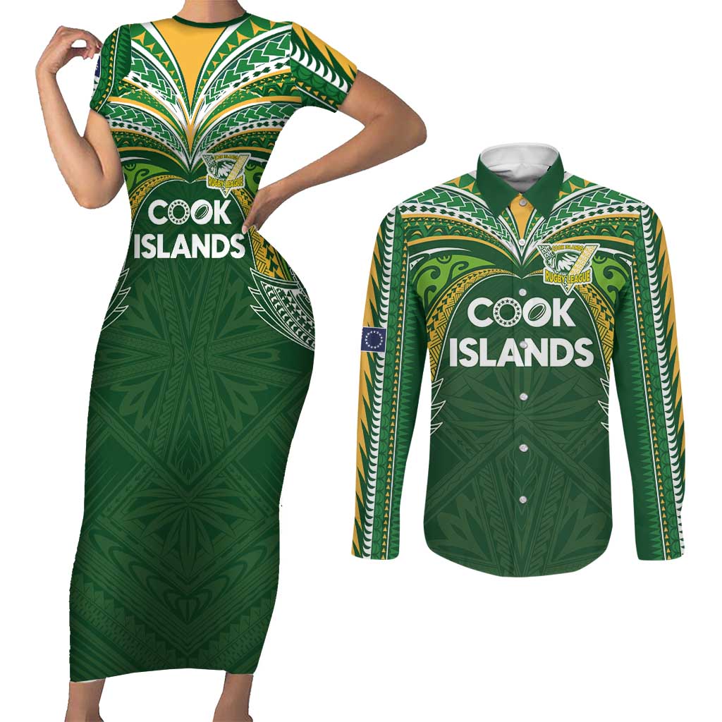 Custom Cook Islands Rugby League Couples Matching Short Sleeve Bodycon Dress and Long Sleeve Button Shirt Tatau Tribal Motifs-Dark Green Color LT03 Green - Polynesian Pride
