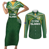 Custom Cook Islands Rugby League Couples Matching Short Sleeve Bodycon Dress and Long Sleeve Button Shirt Tatau Tribal Motifs-Dark Green Color LT03 Green - Polynesian Pride