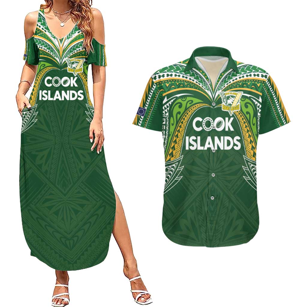 Custom Cook Islands Rugby League Couples Matching Summer Maxi Dress and Hawaiian Shirt Tatau Tribal Motifs-Dark Green Color - Polynesian Pride