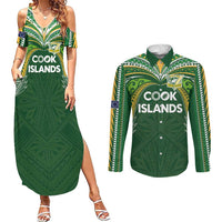 Custom Cook Islands Rugby League Couples Matching Summer Maxi Dress and Long Sleeve Button Shirt Tatau Tribal Motifs-Dark Green Color LT03 Green - Polynesian Pride