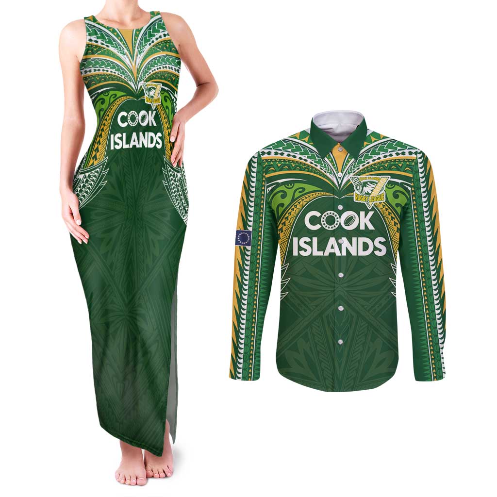 Custom Cook Islands Rugby League Couples Matching Tank Maxi Dress and Long Sleeve Button Shirt Tatau Tribal Motifs-Dark Green Color LT03 Green - Polynesian Pride