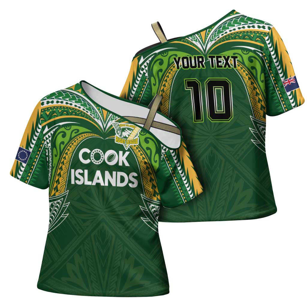 Custom Cook Islands Rugby League Cross Shoulder Shirt Tatau Tribal Motifs-Dark Green Color - Polynesian Pride