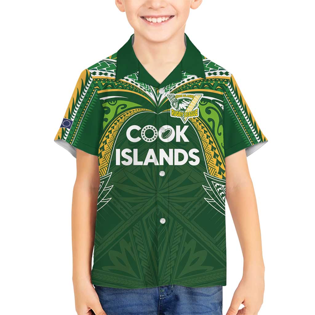 Custom Cook Islands Rugby League Family Matching Long Sleeve Bodycon Dress and Hawaiian Shirt Tatau Tribal Motifs-Dark Green Color - Polynesian Pride