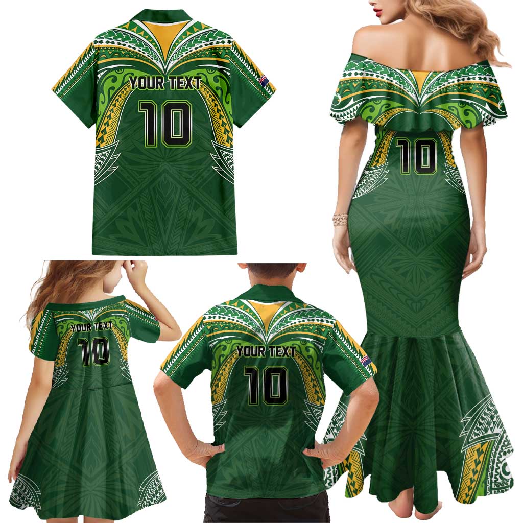 Custom Cook Islands Rugby League Family Matching Mermaid Dress and Hawaiian Shirt Tatau Tribal Motifs-Dark Green Color - Polynesian Pride
