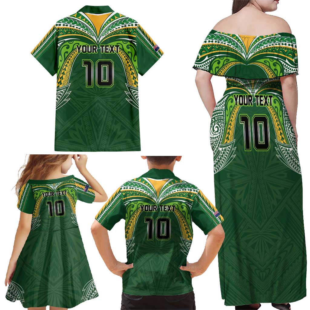 Custom Cook Islands Rugby League Family Matching Off Shoulder Maxi Dress and Hawaiian Shirt Tatau Tribal Motifs-Dark Green Color - Polynesian Pride