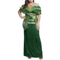 Custom Cook Islands Rugby League Family Matching Off Shoulder Maxi Dress and Hawaiian Shirt Tatau Tribal Motifs-Dark Green Color - Polynesian Pride