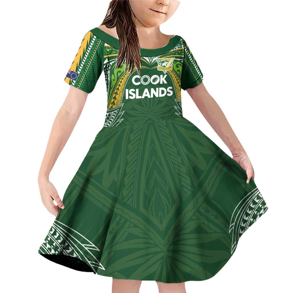 Custom Cook Islands Rugby League Family Matching Off Shoulder Short Dress and Hawaiian Shirt Tatau Tribal Motifs-Dark Green Color - Polynesian Pride