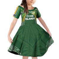 Custom Cook Islands Rugby League Family Matching Off Shoulder Short Dress and Hawaiian Shirt Tatau Tribal Motifs-Dark Green Color - Polynesian Pride